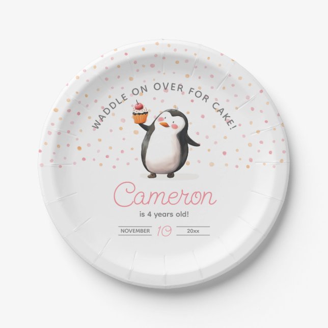 Assiettes En Carton Pingouin de cupcake rose fille d'anniversairePlaqu (Devant)