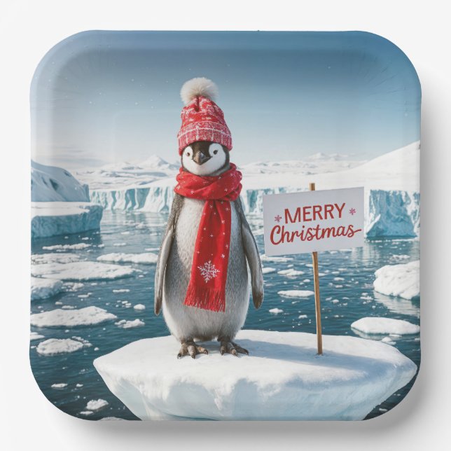 Assiettes En Carton Pingouin De Noël Sur Un Iceberg (Recto)