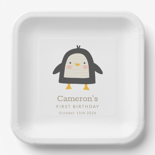 Assiettes En Carton Pingouin d'hiver Simple 1er anniversaire (Recto)