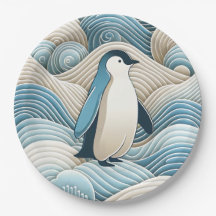 Pingouin En Crème Bleu Vagues Abstraites