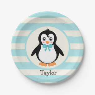 Assiettes En Carton Pingouin mignon avec Bowtie Turquoise