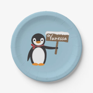 Assiettes En Carton Pingouin mignon avec écusson et signe en bois