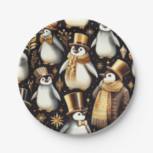 Assiettes En Carton Pingouin noir et doré