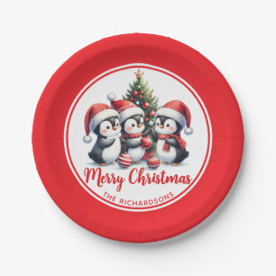 Assiettes En Carton Pingouins amusants Blanc et Rouge Joyeux Noël