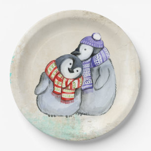 Assiettes En Carton Pingouins mignons en Écharpe d'hiver et Casquette