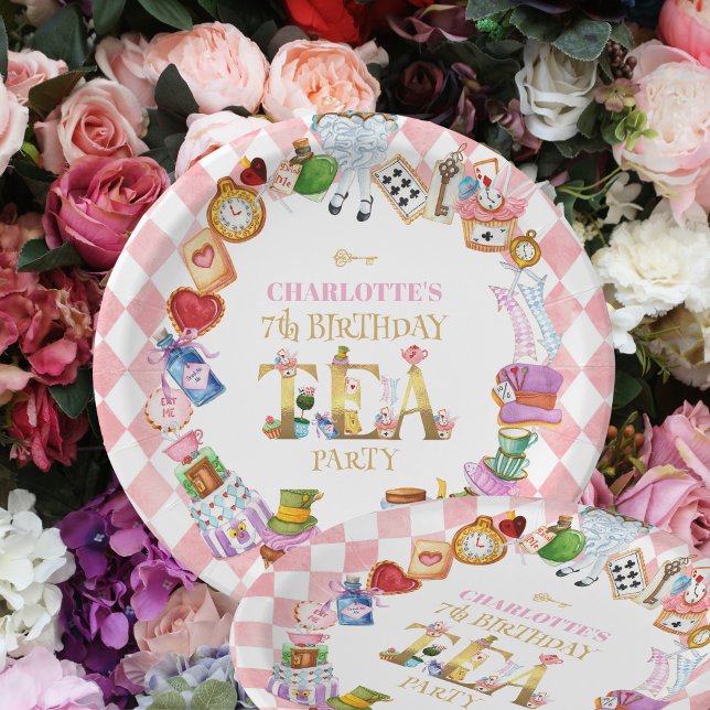 Assiettes En Carton Pink Alice in Wonderland 7th Birthday   (Créateur téléchargé)