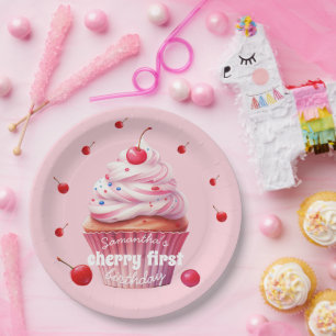 Assiettes En Carton Pink Baby First Cherry & Cupcake Anniversaire