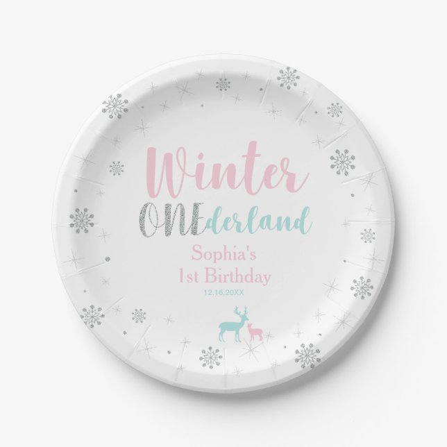 Assiettes En Carton Pink & Blue Winter Onederland 1ère fête d'annivers (Devant)