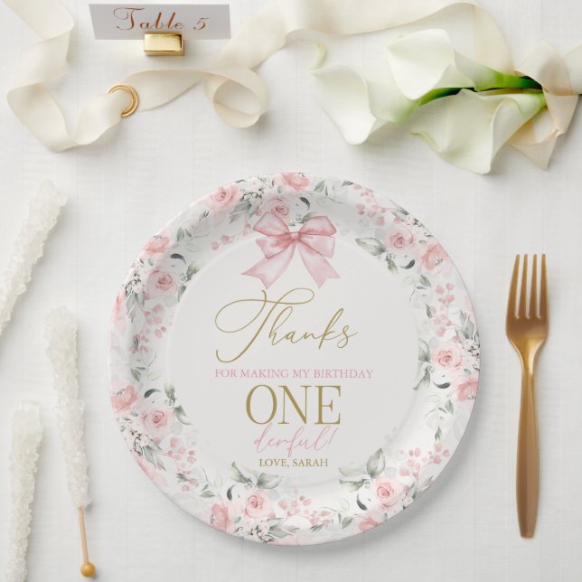 Assiettes En Carton Pink Bow 1er anniversaire fille (Mariage)