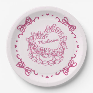 Assiettes En Carton Pink Bow Retro Coquette gâteau Coquette Personnali