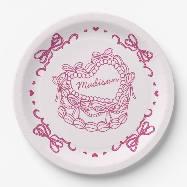 Assiettes En Carton Pink Bow Retro Coquette gâteau Coquette Personnali (Devant)