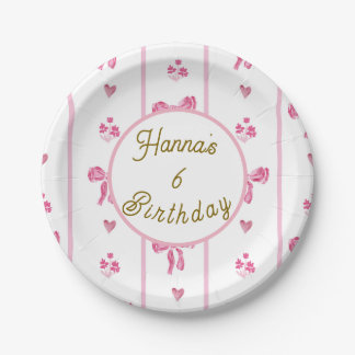 Assiettes En Carton Pink Bow Vertical Stripe -preppy coquette annivers