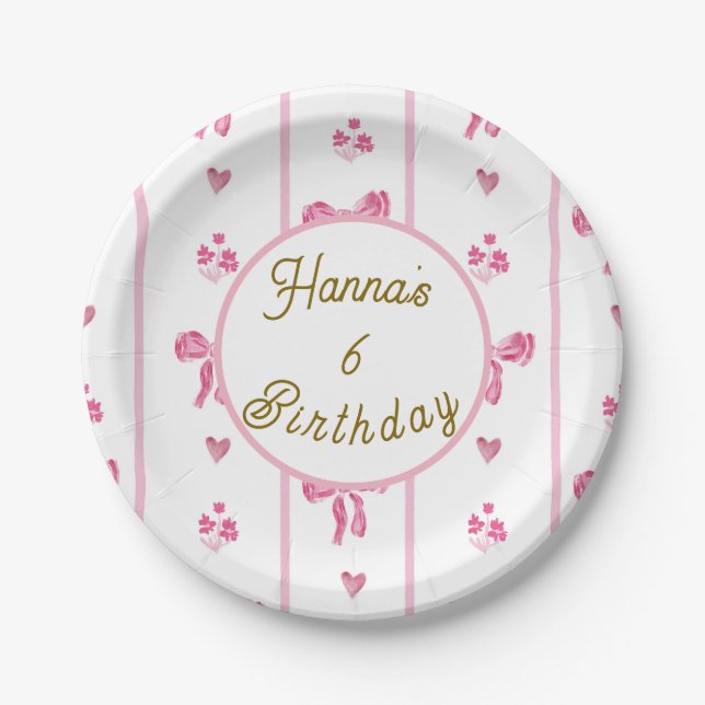 Assiettes En Carton Pink Bow Vertical Stripe -preppy coquette annivers (Devant)
