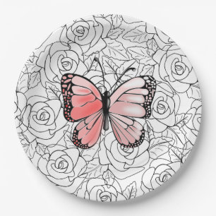Assiettes En Carton Pink Butterfly And Roses Paper Plates