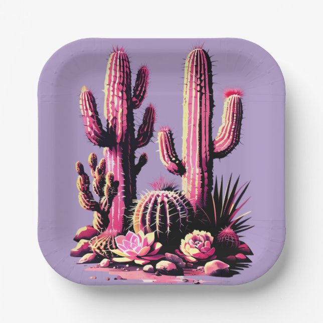 Assiettes En Carton Pink Cacti Batch-Light Purple Background (Recto)