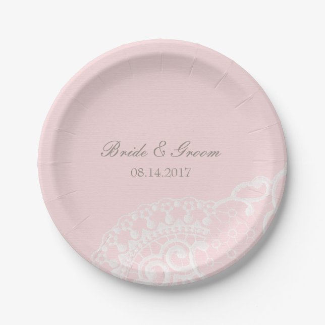 Assiettes En Carton Pink Chic Vintage Élégant Mariage dentelle (Devant)