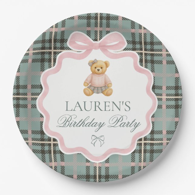 Assiettes En Carton Pink Coquette Bow Bear Plaid Birthday  (Devant)