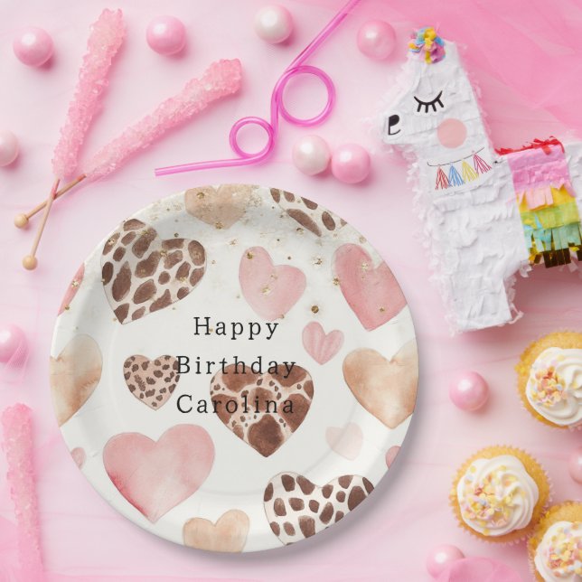 Assiettes En Carton Pink Cream Animal Hearts Gold Sparkle Birthday (Fête)