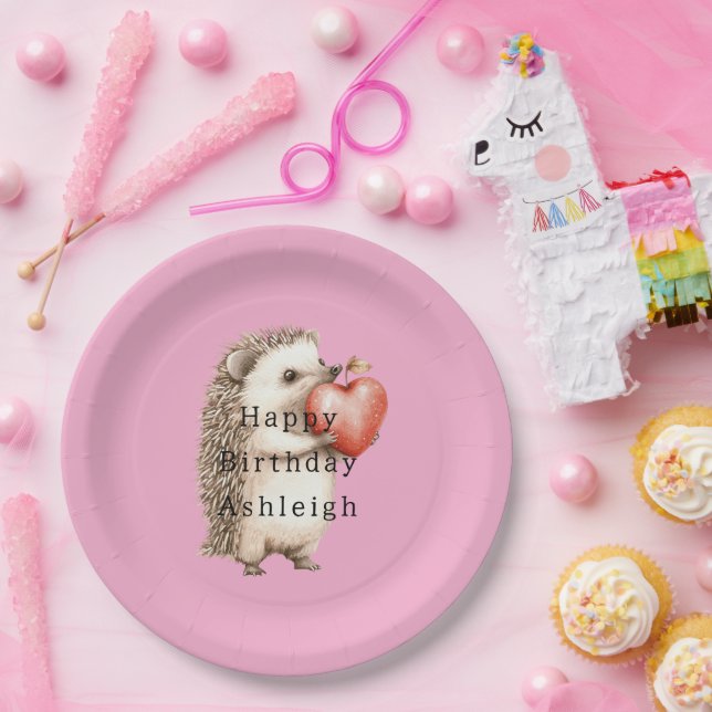 Assiettes En Carton Pink Cute Hedgehog Heart Animal Birthday (Fête)