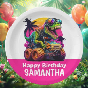 Assiettes En Carton PINK Dino-Mite MONSTER TRUCK Anniversaire