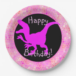 Assiettes En Carton Pink Dinosaur Hide Happy Birthday!