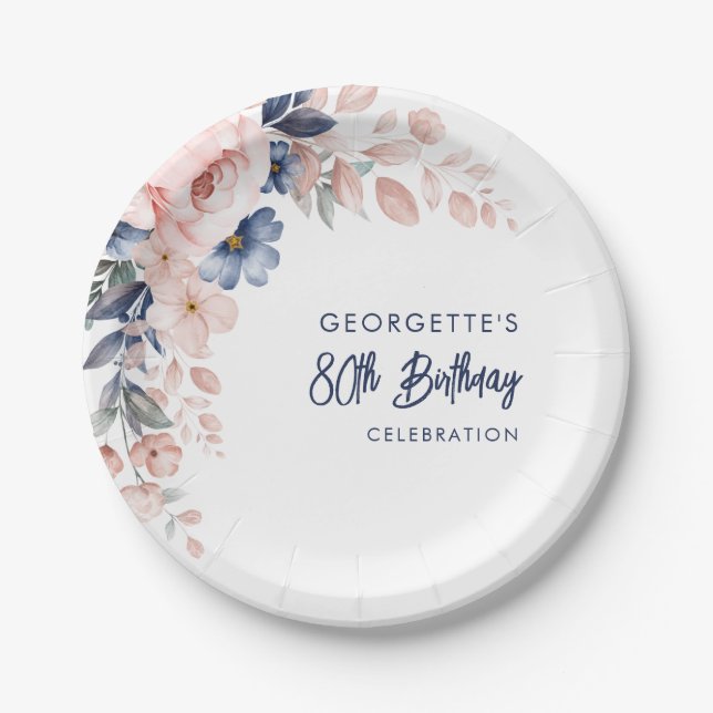 Assiettes En Carton Pink Floral 80e anniversaire Script (Devant)