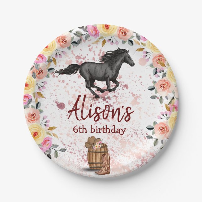 Assiettes En Carton Pink Floral Anniversaire Cheval fête d'anniversair (Devant)