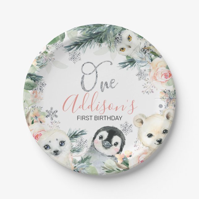 Assiettes En Carton Pink Floral Hiver Onederland Anniversaire  (Devant)
