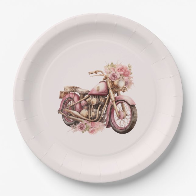 Assiettes En Carton Pink Floral Motorcycle Birthday (Devant)