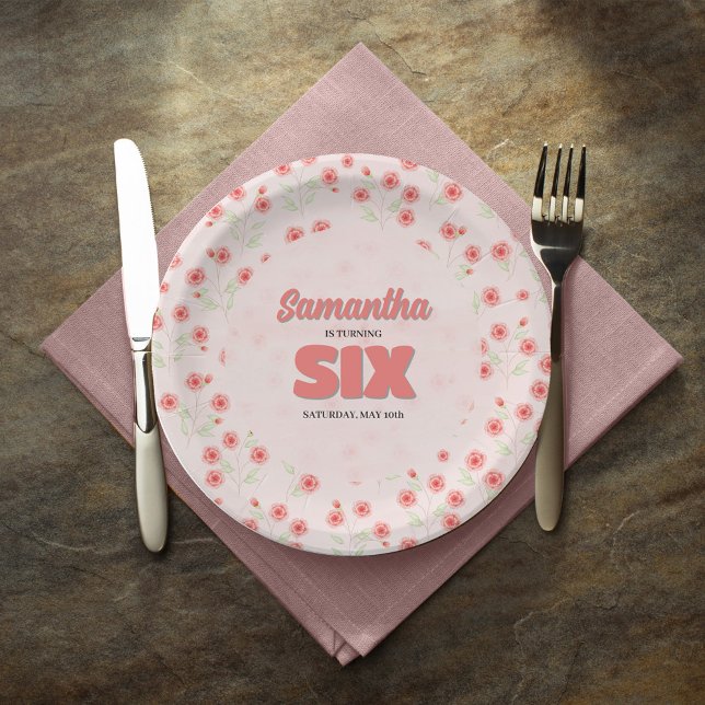 Assiettes En Carton Pink Floral Sixth Birthday Girl Party Custom (Celebrate her sixth birthday in style with custom party paper plates. )