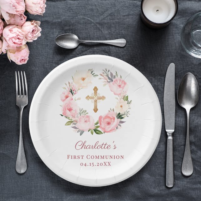 Assiettes En Carton Pink floral wreath girl First Communion (Créateur téléchargé)