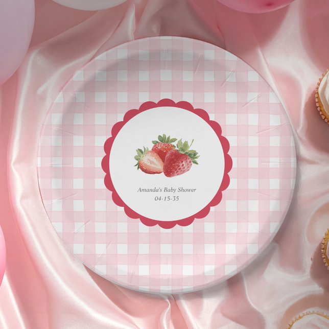Assiettes En Carton Pink Gingham-Strawberry themed Baby Girl Shower (Berry Sweet Baby Girl Shower Paper Plate. Strawberry with pink gingham patterned party plates.)