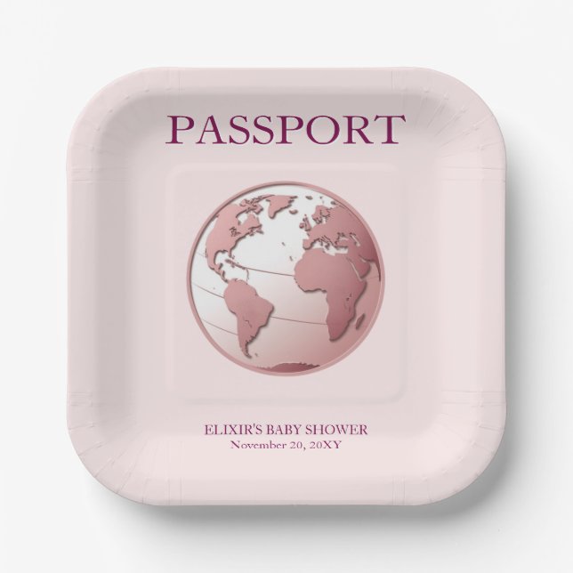 Assiettes En Carton Pink Globe Passport Travel Baby Shower (Recto)