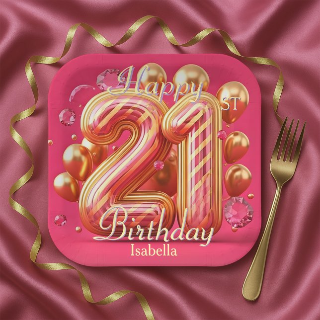 Assiettes En Carton Pink & Gold Glitter Drip 21st Birthday Celebration (Créateur téléchargé)