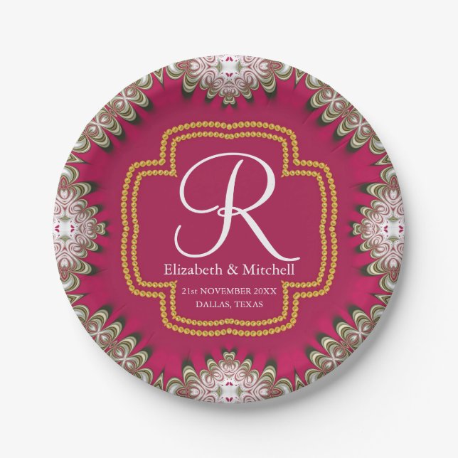 Assiettes En Carton Pink Gold Lacy Monogramme énergie vive (Devant)
