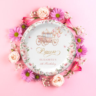 Assiettes En Carton Pink Gold Princess Anniversaire de fête Carriage