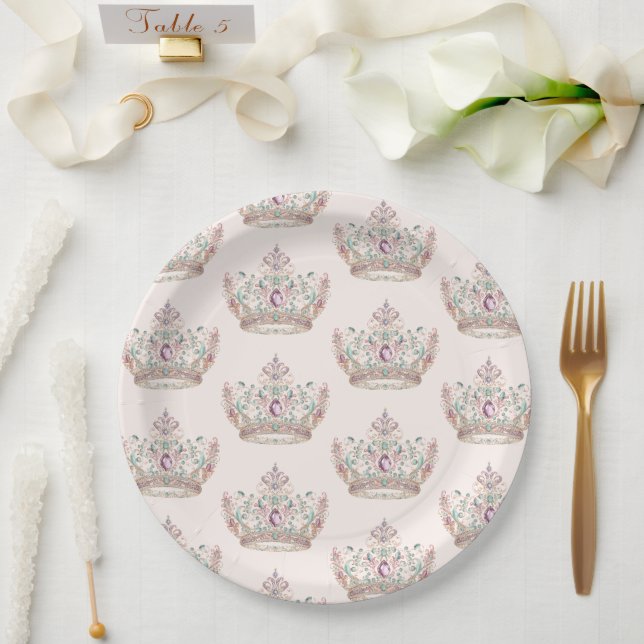 Assiettes En Carton Pink Gold Princess Crown Fairytale Anniversaire (Mariage)