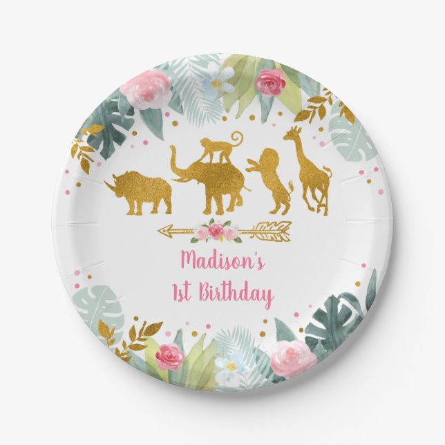Assiettes En Carton Pink Gold Safari Animal Green Anniversaire (Devant)