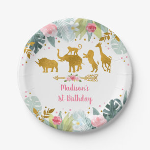 Assiettes En Carton Pink Gold Safari Animaux de verdure Anniversaire