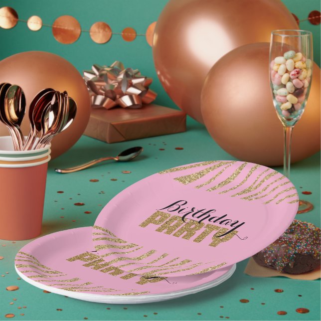 Assiettes En Carton Pink Gold Zebra Imprimer Faux Parties scintillant  (Multi)