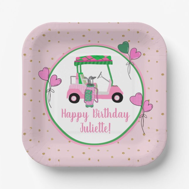 Assiettes En Carton Pink & Green Golf Thème Fête Personnalisée (Recto)