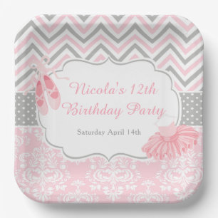 Assiettes En Carton Pink & Grey Chevron Ballerina Anniversaire