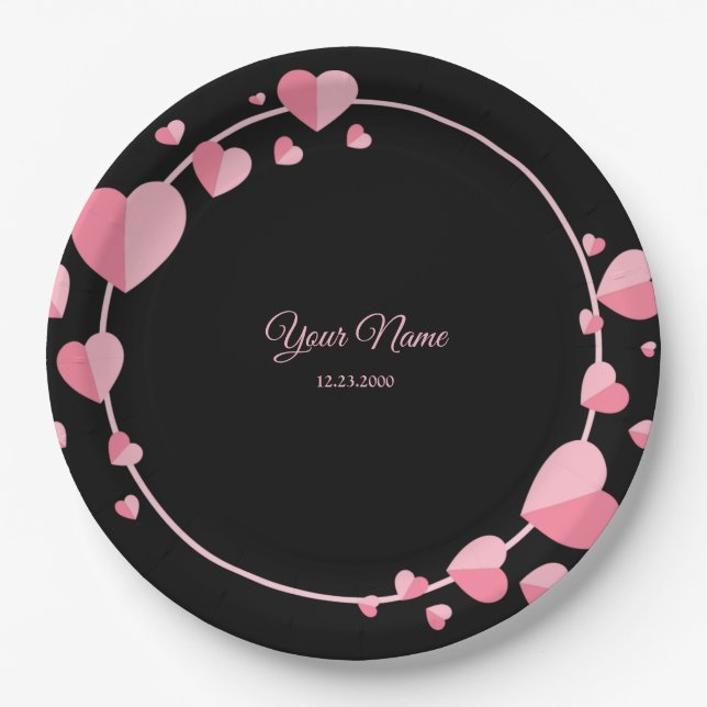 Assiettes En Carton Pink Heart Black Geometric Wedding Party Elegant (Devant)