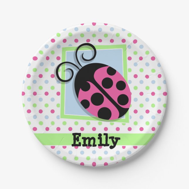 Assiettes En Carton Pink Ladybug, Rose, Bleu, Vert, Pois (Devant)