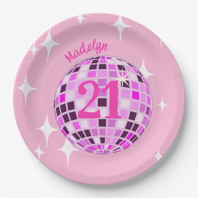 Assiettes En Carton Pink Modern Disco Mirror Ball 21e anniversaire (Devant)
