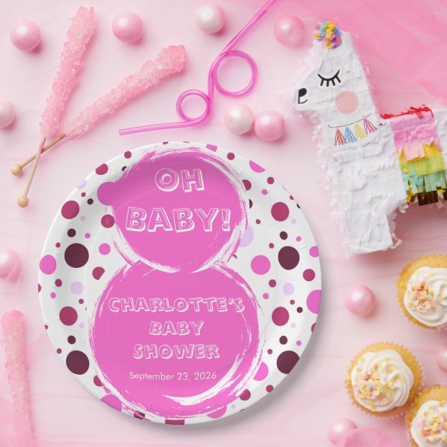 Assiettes En Carton Pink polka dot baby shower Paper plates (Fête)