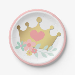 Assiettes En Carton Pink Princess Gold Crown & Pastel Flowers Annivers