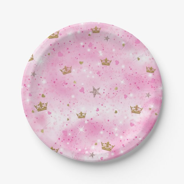 Assiettes En Carton Pink Princess Hearts Stars & Crowns Fête d'anniver (Devant)