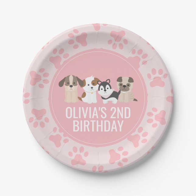 Assiettes En Carton Pink Puppy plaques de fête d'anniversaire empreint (Devant)