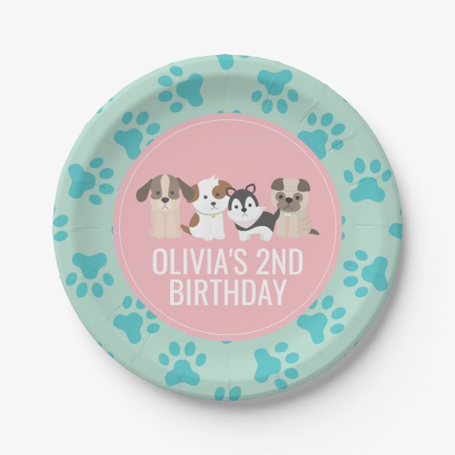 Assiettes En Carton Pink Puppy plaques de fête d'anniversaire empreint (Devant)